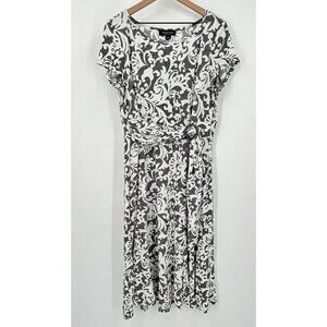 Perceptions Dress Short Sleeve Scroll Puff Print Midi Fit Flare Women Large Gray